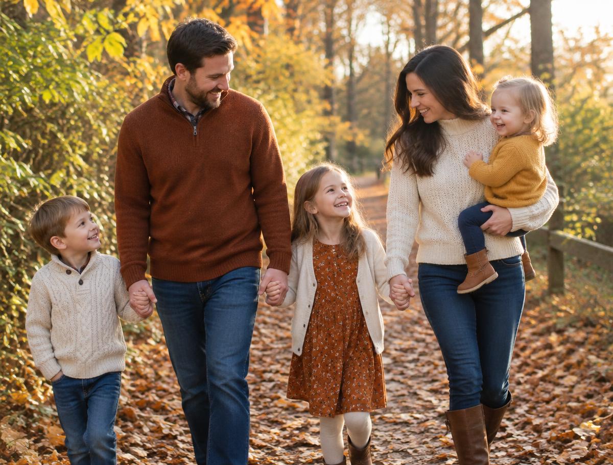Family with three children walking together on an autumn path